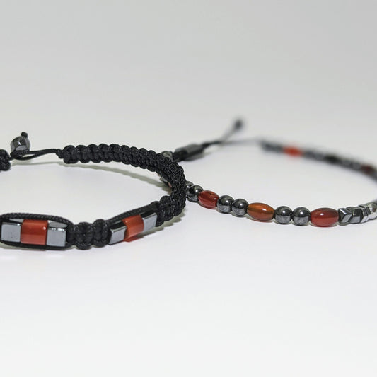 Pulsera de hematita gris y ágata roja