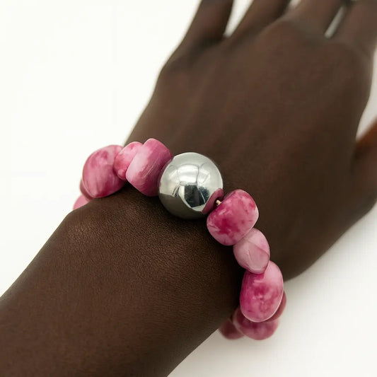 Dyed Agate Stretch Bracelet – Stainless Steel Accent Bead Ro & Gieo