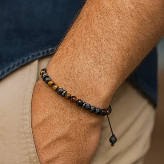 Grey Hematite & Tiger-Eye Gemstones Bracelet Ro & Gieo