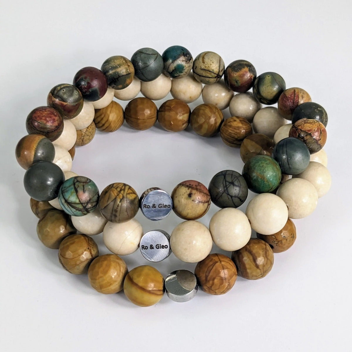 Unisex Riverstone and Jasper Bead Bracelet Set Ro & Gieo
