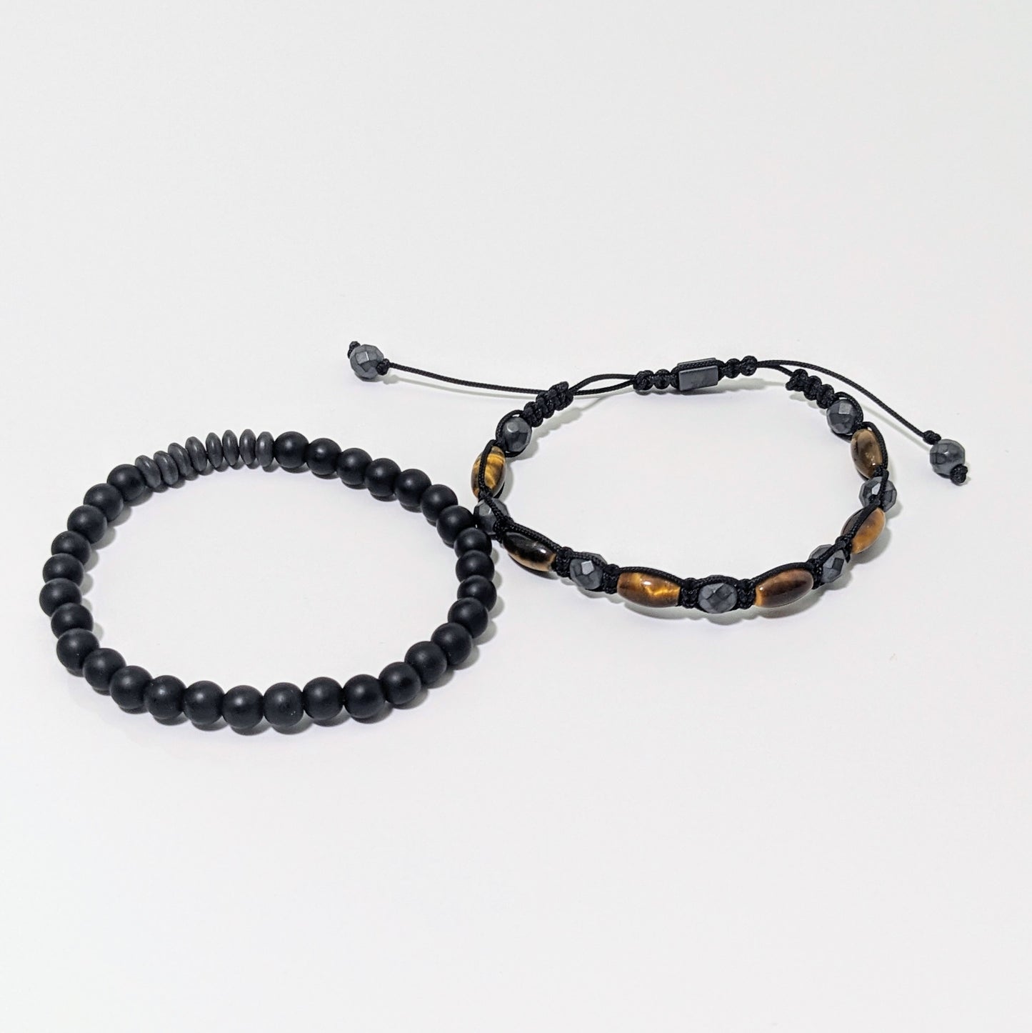 Pulsera de ónix, hematita gris y ojo de tigre