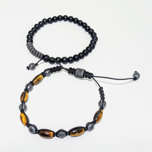 Men's Onyx, Gray Hematite, & Tiger Eye Bracelet