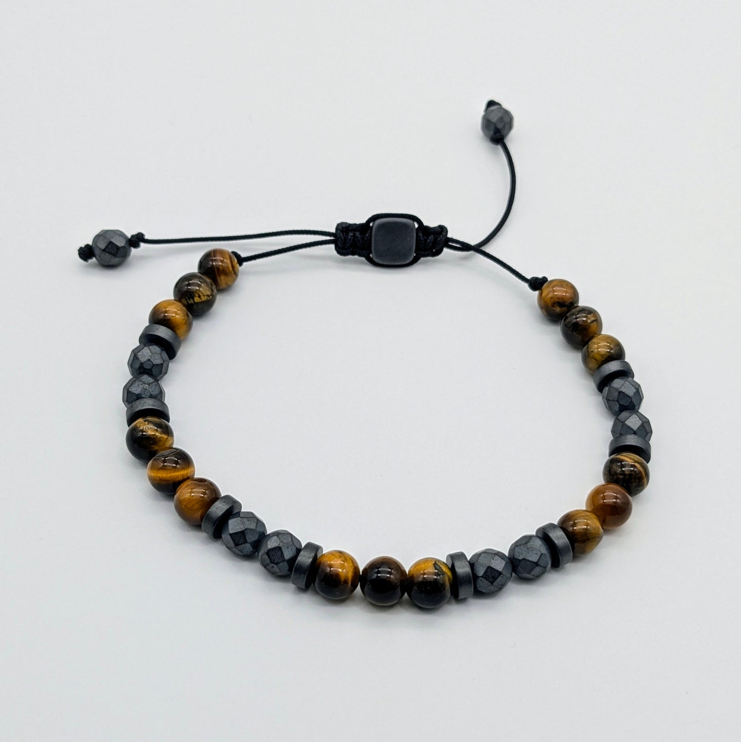 Pulsera de piedras preciosas de hematita gris y ojo de tigre