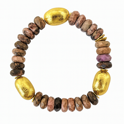 Ro & Gieo Pink Rhodochrosite and 24 Karat Goldplated 100% Brass Bead Bracelet