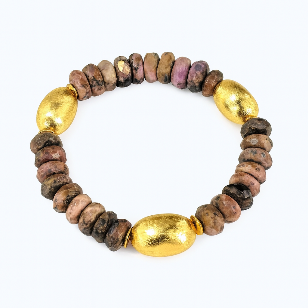 Ro & Gieo Pink Rhodochrosite and 24 Karat Goldplated 100% Brass Bead Bracelet