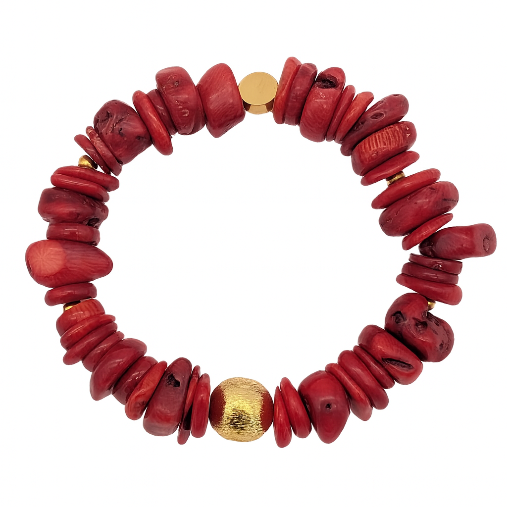 Red Coral Stretch Bracelet – Natural Coral Beads Bracelet with Gold Accent