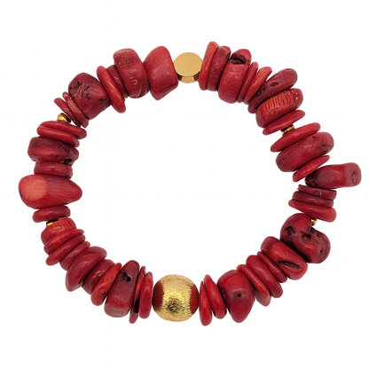 Red Coral Stretch Bracelet – Natural Coral Beads Bracelet with Gold Accent