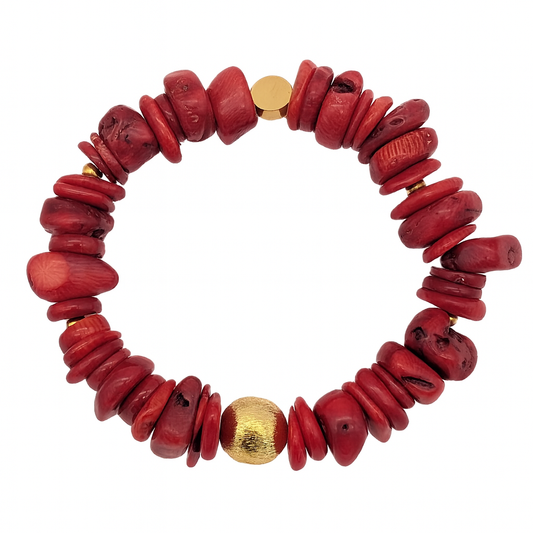 Red Coral Stretch Bracelet – Natural Coral Beads Bracelet with Gold Accent