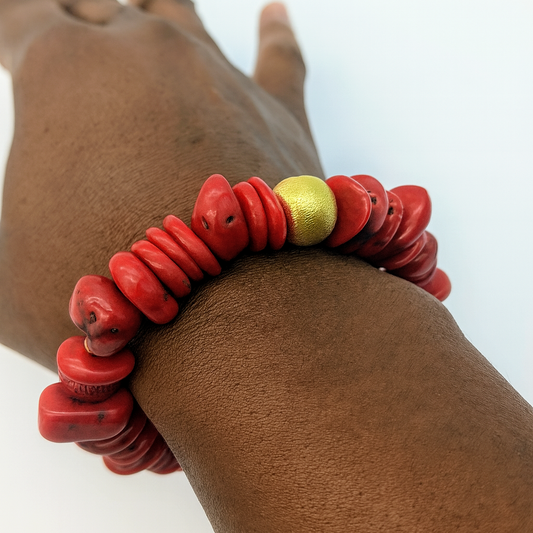 Red Coral Stretch Bracelet – Natural Coral Beads Bracelet with Gold Accent
