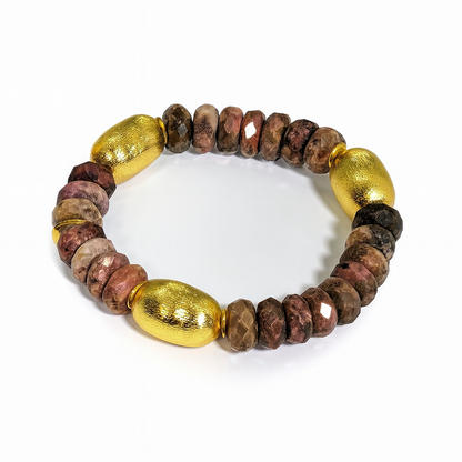 Ro & Gieo Pink Rhodochrosite and 24 Karat Goldplated 100% Brass Bead Bracelet