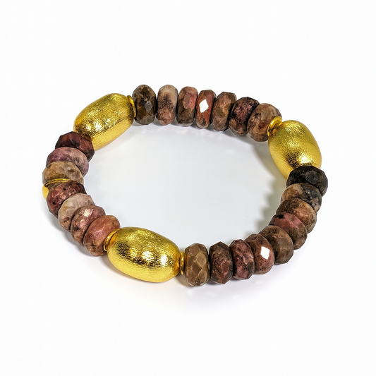 Ro &amp; Gieo Pulsera de cuentas 100% latón bañada en oro de 24 quilates y rodocrosita rosa